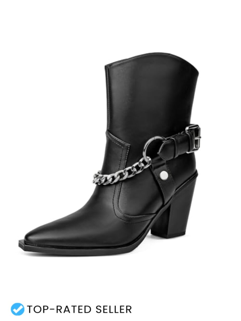 Women's Western Ankle Boots Pointed Toe Block Heel Faux Leather Chain